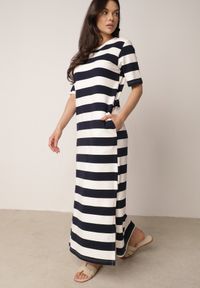 Born2be - Biało-Czarna Pudełkowa Sukienka z Bawełny w Poziome Paski Diove. Okazja: do pracy, na co dzień, na spacer. Kolor: biały. Materiał: bawełna. Wzór: paski. Typ sukienki: proste. Styl: klasyczny, casual #1