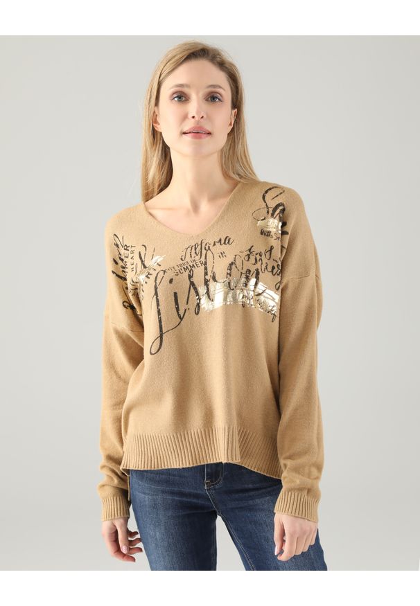 Unisono - BEŻOWY SWETER Z KASZMIREM 220-9031 CAMEL. Kolor: beżowy. Materiał: kaszmir