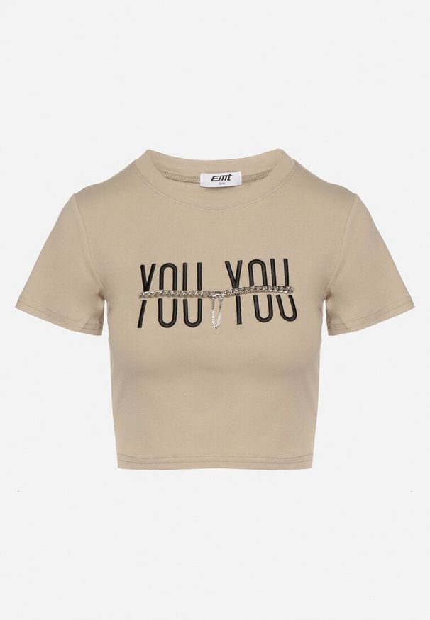 Born2be - Ciemnobeżowy Bawełniany T-shirt z Napisem i Łańcuchem Olimelia. Kolor: beżowy. Materiał: bawełna. Wzór: napisy