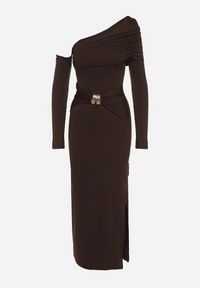 Born2be - Brązowa Sukienka z Wiskozą Wywiniętym Dekoltem Marszczeniem i Metaliczną Ozdobą Reillea. Okazja: na co dzień. Kolor: brązowy. Materiał: wiskoza. Wzór: aplikacja. Styl: klasyczny, casual, elegancki #6