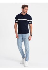 Ombre Clothing - Koszulka męska polo z miękkiej dzianiny z kontrastowymi pasami - granatowa V2. Okazja: na co dzień. Typ kołnierza: polo. Kolor: niebieski. Materiał: dzianina. Długość: krótkie. Wzór: paski. Styl: casual