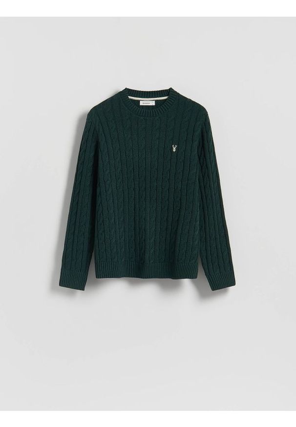 Reserved - Sweter ze świątecznym wzorem - ciemnozielony. Kolor: zielony. Materiał: bawełna, dzianina. Styl: wizytowy