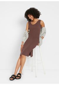 bonprix - Sukienka z dżerseju z rozcięciem. Kolor: brązowy. Materiał: jersey. Długość: midi #3