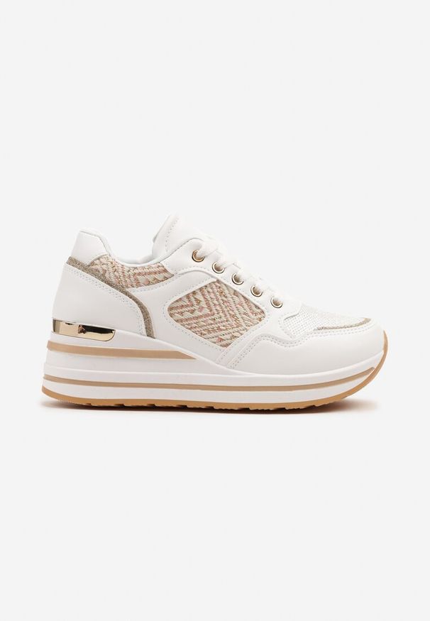 Born2be - Białe Sneakersy na Koturnie Ozdobione Brokatem Tilliante. Okazja: na co dzień. Kolor: biały. Materiał: jeans. Wzór: aplikacja. Obcas: na koturnie