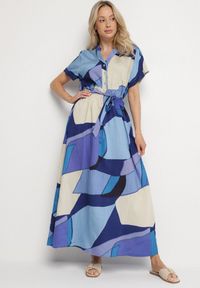 Born2be - Niebieska Sukienka Rozkloszowana z Wiskozy w Geometryczny Wzór z Paskiem Ranislla. Okazja: na co dzień. Typ kołnierza: dekolt w serek. Kolor: niebieski. Materiał: wiskoza. Długość rękawa: krótki rękaw. Wzór: geometria. Styl: casual, elegancki #3