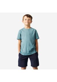 DOMYOS - Koszulka z krótkim rękawem dziecięca Domyos. Kolor: zielony. Materiał: tkanina, bawełna, prążkowany, materiał. Długość rękawa: krótki rękaw. Długość: krótkie