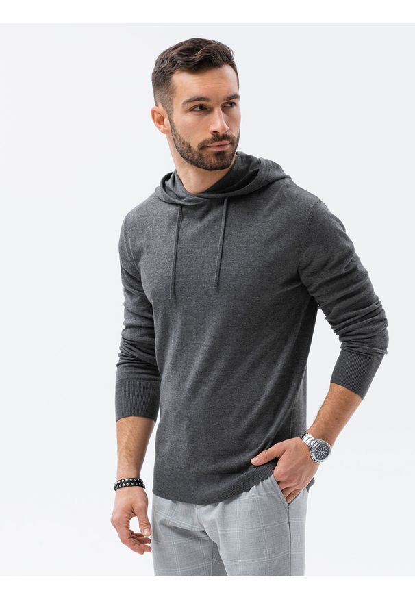 Ombre Clothing - Sweter męski z kapturem - szary melanż V1 E187 - XL. Typ kołnierza: kaptur. Kolor: szary. Materiał: bawełna, nylon. Wzór: melanż