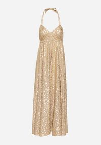 Born2be - Beżowa Sukienka z Wiskozy z Odkrytymi Plecami i Metalicznym Nadrukiem w Panterkę Linadea. Typ kołnierza: dekolt w serek. Kolor: beżowy. Materiał: wiskoza. Wzór: nadruk, motyw zwierzęcy. Typ sukienki: rozkloszowane #2