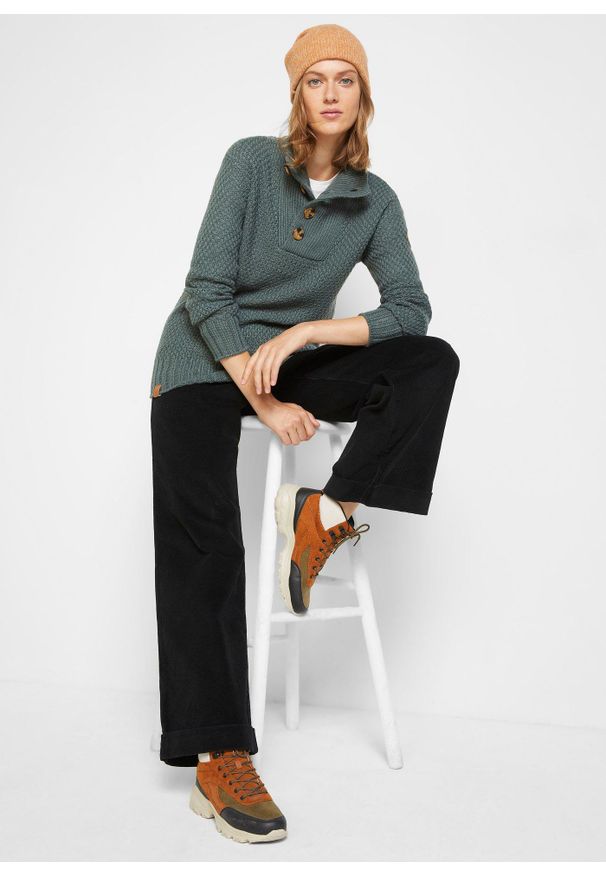 bonprix - Sweter ze stójką w strukturalny wzór. Typ kołnierza: kołnierzyk stójkowy. Kolor: zielony