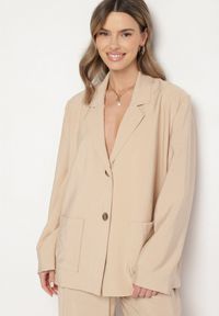 Born2be - Beżowa Marynarka Oversize Pudełkowa z Kieszeniami z Modalu Mavelisse. Okazja: na co dzień. Kolor: beżowy. Materiał: jeans. Styl: casual, elegancki