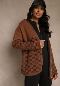 Renee - Brązowy Rozpinany Kardigan z Kapturem z Geometrycznym Wzorem Neratusa. Okazja: na co dzień. Typ kołnierza: kaptur. Kolor: brązowy. Materiał: jeans. Wzór: geometria. Sezon: wiosna. Styl: casual #3