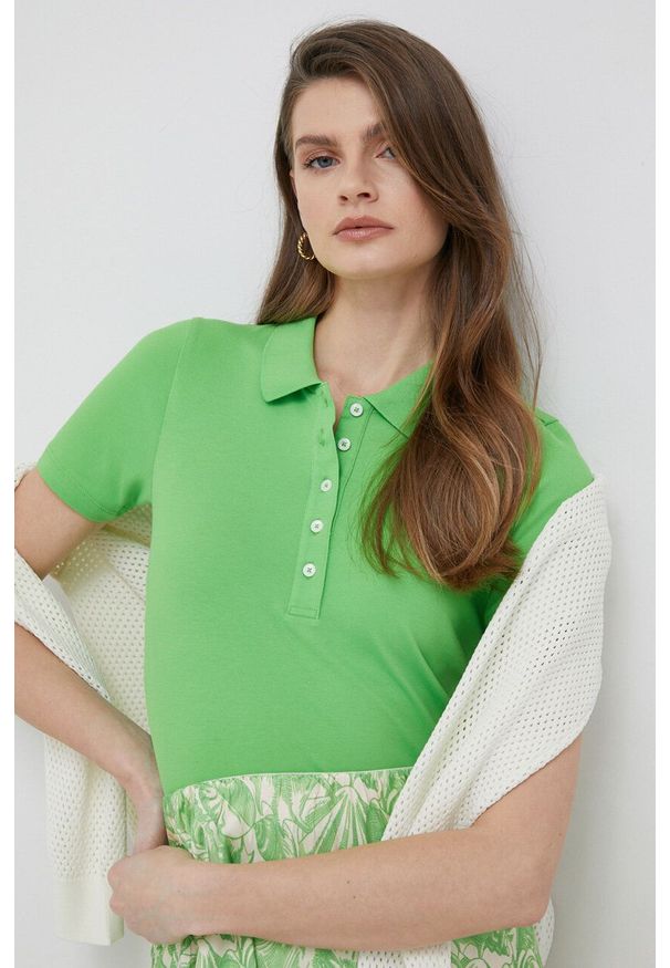 TOMMY HILFIGER - Tommy Hilfiger polo damski kolor zielony. Typ kołnierza: polo. Kolor: zielony. Materiał: bawełna, dzianina. Długość: krótkie