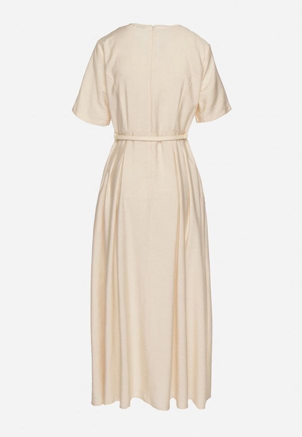 Born2be - Beżowa Wiskozowa Sukienka z Lnem o Rozkloszowanym Kroju z Paskiem z Klamerką Linalin. Okazja: na co dzień. Typ kołnierza: dekolt w serek. Kolor: beżowy. Materiał: wiskoza, len. Długość rękawa: krótki rękaw. Styl: casual, klasyczny, elegancki