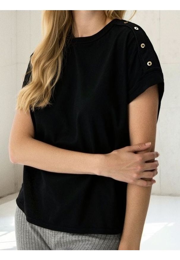 Sinsay - Bluzka z ozdobnymi guzikami - czarny. Kolor: czarny