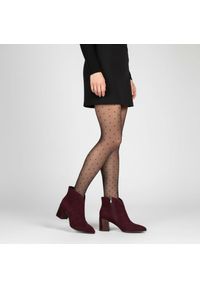 Bordowe Botki S.Barski Stylowe Buty Damskie. Zapięcie: zamek. Kolor: czerwony. Materiał: zamsz. Wzór: kratka, aplikacja. Obcas: na obcasie. Styl: elegancki. Wysokość obcasa: średni #4