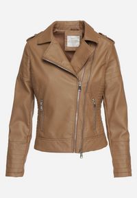 Born2be - Brązowa Kurtka Ramoneska z Ekoskóry Zapinana Asymetrycznie na Suwak z Przeszyciami Passaflora. Okazja: na co dzień. Kolor: brązowy. Materiał: jeans. Styl: casual, klasyczny, rockowy #7