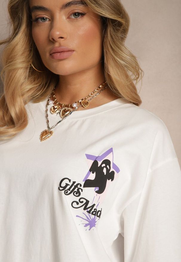 Renee - Biały T-shirt z Bawełną i Ozdobnym Nadrukiem Sovreti. Okazja: na co dzień. Kolor: biały. Materiał: bawełna. Wzór: nadruk. Styl: casual