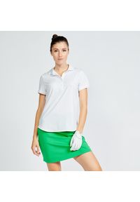 INESIS - Koszulka polo do golfa damska z krótkim rękawem Inesis WW500. Typ kołnierza: polo, golf. Kolor: biały. Materiał: poliester, elastan, materiał. Długość rękawa: krótki rękaw. Długość: krótkie. Styl: klasyczny, elegancki