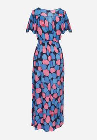 Born2be - Granatowo-Różowa Kopertowa Taliowana Sukienka z Bawełny w Geometryczny Wzór z Gumką w Pasie Enelsea. Kolor: niebieski. Materiał: bawełna. Wzór: geometria. Sezon: lato. Typ sukienki: kopertowe #7