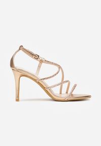 Born2be - Szampańskie Sandały na Szpilce Ozdobione Cyrkoniami Thelmia. Okazja: na co dzień. Zapięcie: sprzączka. Kolor: złoty. Materiał: jeans. Wzór: aplikacja. Obcas: na szpilce. Styl: klasyczny, casual, elegancki #3