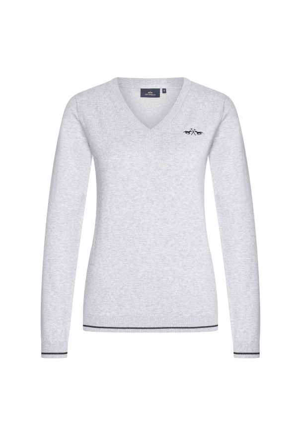 HV POLO - Damski sweter z dekoltem w szpic HV Polo Debby. Typ kołnierza: polo. Kolor: szary. Materiał: polar. Sezon: zima