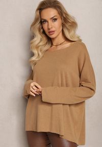 Renee - Ciemnobeżowy Sweter o Luźnym Kroju Adaoma. Kolor: beżowy. Materiał: dzianina, tkanina. Wzór: gładki #3