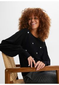 bonprix - Sweter z haftem w serduszka z mieszanki wiskozy. Kolor: czarny. Materiał: wiskoza. Wzór: haft #1
