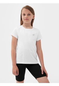 4f - T-shirt gładki dziewczęcy. Kolor: biały. Materiał: bawełna. Wzór: gładki #1