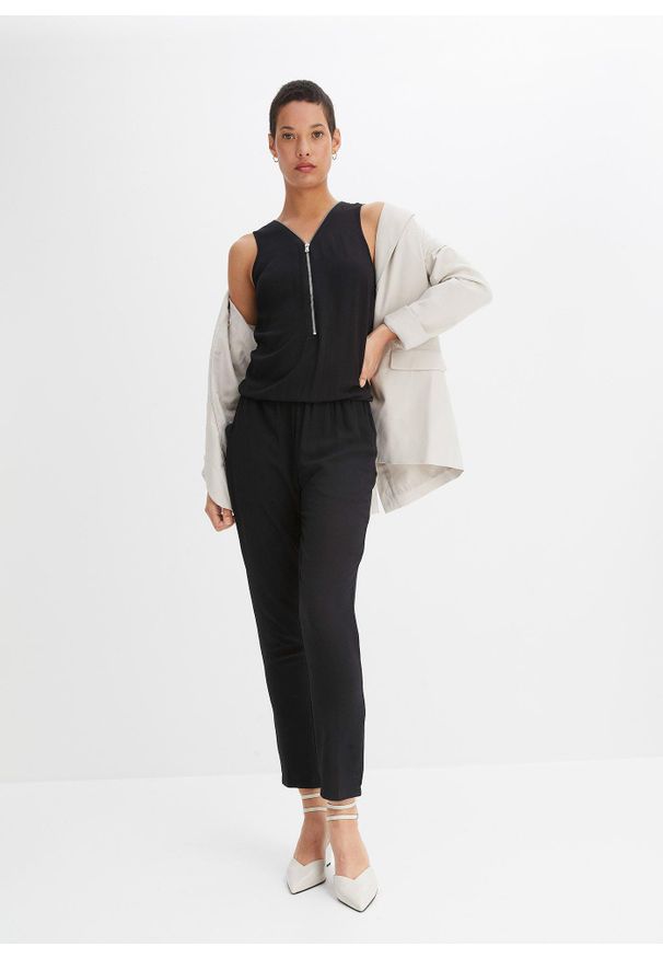 bonprix - Kombinezon bez rękawów. Kolor: czarny. Długość rękawa: bez rękawów. Styl: elegancki