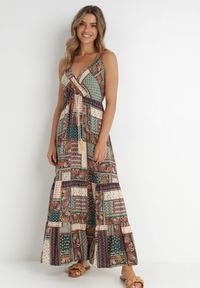 Born2be - Zielona Sukienka Kopertowa z Wiskozy w Patchworkowy Wzór Hickey. Kolor: zielony. Materiał: wiskoza. Długość rękawa: na ramiączkach. Wzór: aplikacja. Typ sukienki: kopertowe. Styl: boho. Długość: maxi #6