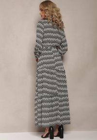 Renee - Czarno-Biała Sukienka Rozkloszowana z Gumką w Pasie Kefem. Kolor: czarny. Materiał: tkanina, materiał. Długość rękawa: długi rękaw. Typ sukienki: kopertowe. Styl: boho. Długość: maxi