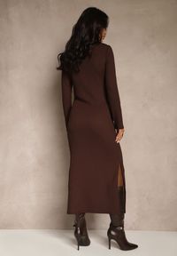 Renee - Brązowa Sukienka o Taliowanym Kroju z Wiązaniem w Pasie i Rozcięciami Esalarra. Okazja: do pracy, na spotkanie biznesowe, na co dzień, na randkę. Kolor: brązowy. Typ sukienki: oversize. Styl: casual, klasyczny, biznesowy #5