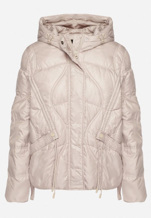 Born2be - Beżowa Kurtka z Kapturem Ozdobiona Przeszyciami i Sznurkami Boledia. Okazja: na co dzień. Typ kołnierza: kaptur. Kolor: beżowy. Materiał: jeans. Wzór: aplikacja. Styl: casual