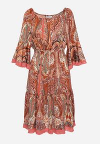 Born2be - Czerwona Sukienka Hiszpanka Ozdobiona Frędzlami o Rozkloszowanym Fasonie w Print Paisley Allnight. Okazja: na co dzień. Typ kołnierza: dekolt hiszpanka. Kolor: czerwony. Wzór: aplikacja, nadruk, paisley. Typ sukienki: proste. Styl: casual, elegancki #3