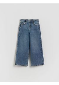 Reserved - Jeansy super wide leg z koronką - granatowy. Kolor: niebieski. Wzór: koronka #1