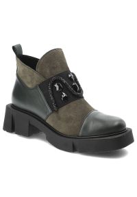 Zielone Eleganckie Botki Damskie Armodo. Kolor: zielony. Materiał: jeans, materiał, skóra. Sezon: jesień. Styl: elegancki