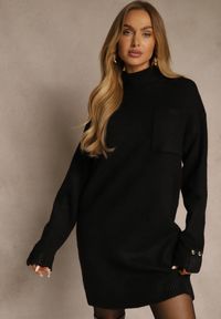 Renee - Czarna Sukienka z Półgolfem z Dzianiny z Wiskozą i Dodatkiem Wełny Nessla. Okazja: na co dzień. Kolor: czarny. Materiał: dzianina, wełna, wiskoza. Styl: casual, elegancki #5