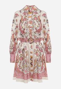 Born2be - Jasnobeżowa Koszulowa Sukienka z Paskiem Lorias. Kolor: beżowy. Materiał: tkanina, satyna. Wzór: nadruk. Typ sukienki: koszulowe. Długość: mini #6