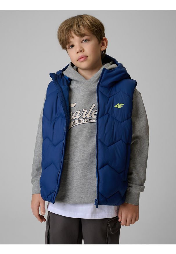 4f - 4F Bezrękawnik z wypełnieniem syntetycznym chłopięcy - granatowa 152 (11-12 lat). Okazja: na spacer, na co dzień, na uczelnię. Typ kołnierza: kołnierzyk stójkowy. Kolor: niebieski. Materiał: syntetyk. Długość rękawa: bez rękawów. Sezon: lato. Styl: casual