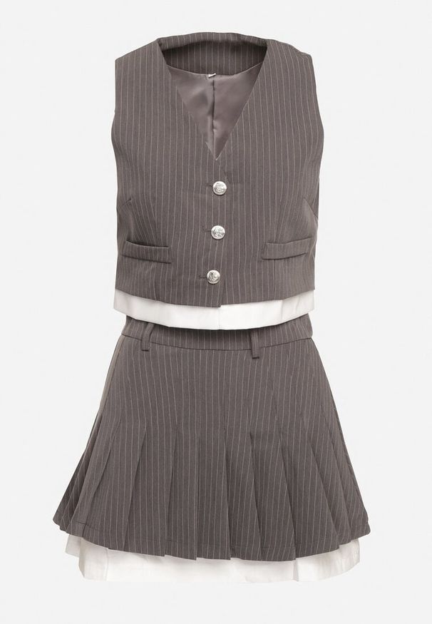 Born2be - Szary Komplet w Delikatne Paseczki Plisowana Spódnica Kamizelka i Marynarka Dassemi. Kolor: szary. Wzór: aplikacja, paski