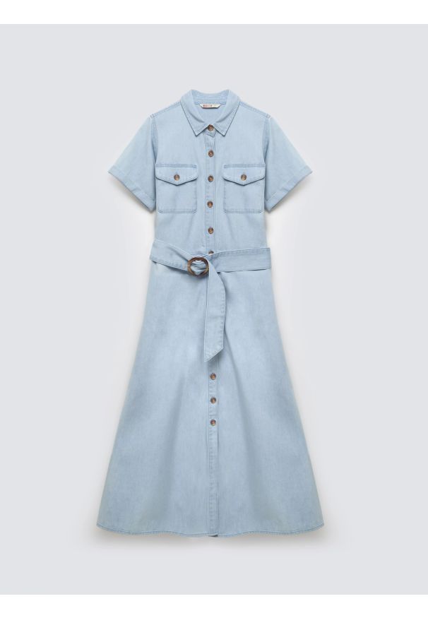 Big-Star - Sukienka damska midi jeansowa trapezowa niebieska Becca 136. Okazja: na co dzień. Kolor: niebieski. Materiał: jeans. Długość rękawa: krótki rękaw. Typ sukienki: trapezowe. Styl: casual. Długość: midi