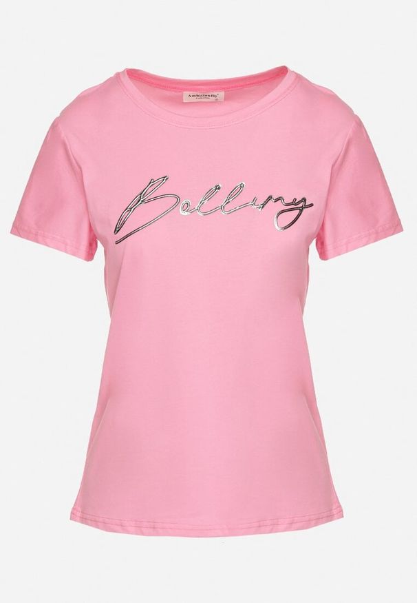 Born2be - Różowy Bawełniany T-shirt z Ozdobnym Napisem Virretis. Okazja: na co dzień. Kolor: różowy. Materiał: bawełna. Wzór: napisy. Styl: klasyczny, casual