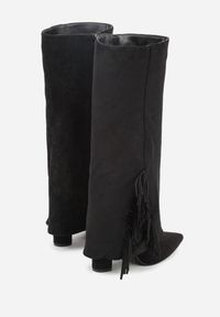 Born2be - Czarne Kozaki na Słupku z Wywiniętą Cholewką z Frędzlami Linadela. Okazja: do pracy, na co dzień, na spotkanie biznesowe. Kolor: czarny. Materiał: satyna, jeans. Szerokość cholewki: normalna. Obcas: na słupku. Styl: klasyczny, casual, elegancki, biznesowy #2