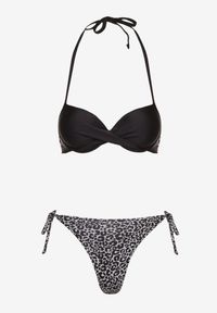 Born2be - Czarne Bikini Biustonosz i Majtki Figi z Wiązaniem Savlene. Kolor: czarny. Wzór: haft, aplikacja