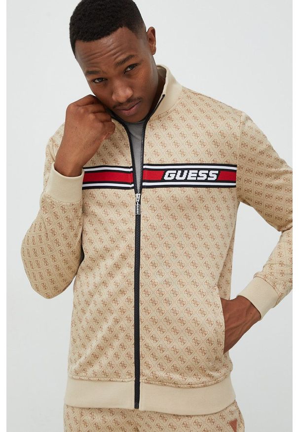 Guess bluza męska kolor beżowy z aplikacją. Kolor: beżowy. Materiał: dzianina. Wzór: aplikacja