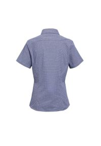 PREMIER - Damska Bawełniana Koszula Z Krótkim Rękawem W Kratkę Micro Gingham. Kolor: biały, niebieski, wielokolorowy. Materiał: bawełna. Długość rękawa: krótki rękaw. Długość: krótkie. Wzór: kratka