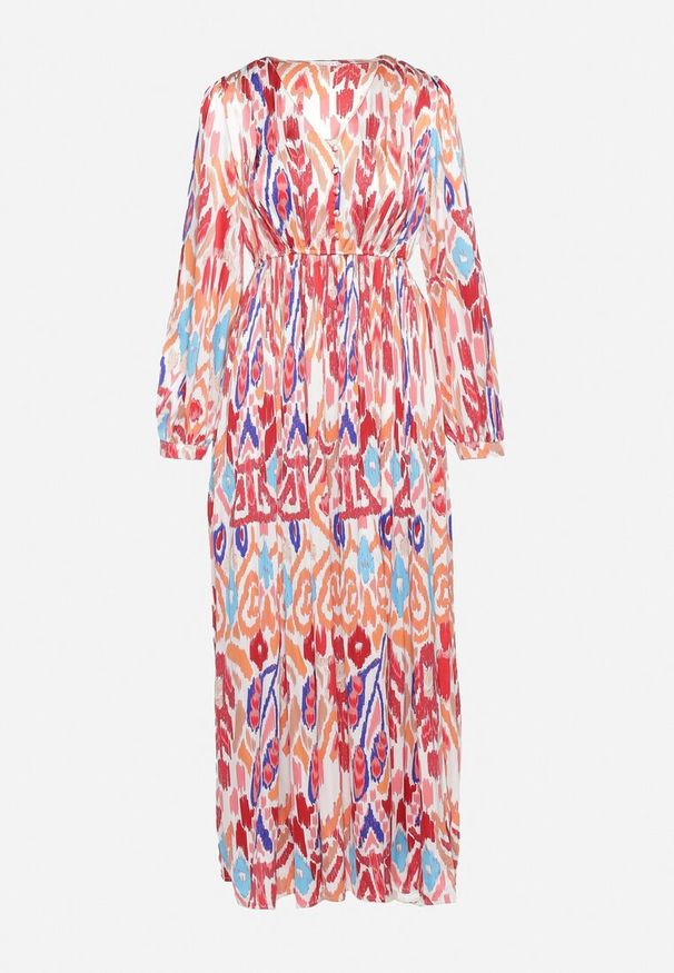 Born2be - Bordowo-Beżowa Sukienka Maxi z Wzorem Etno i Gumką w Talii Junimiza. Kolor: czerwony. Materiał: tkanina. Styl: etno. Długość: maxi