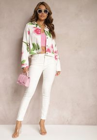 Renee - Beżowo-Różowa Kurtka Jeansowa z Bawełny we Florystyczny Print Arielapa. Kolor: beżowy. Materiał: jeans, bawełna. Wzór: nadruk #5