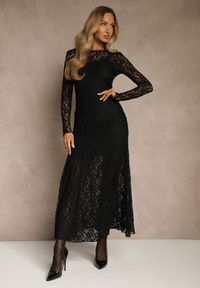 Renee - Czarna Elegancka Sukienka z Koronki z Odkrytymi Plecami Lilafera. Okazja: na co dzień. Typ kołnierza: dekolt na plecach. Kolor: czarny. Materiał: koronka. Długość rękawa: na ramiączkach. Wzór: koronka. Styl: elegancki #1