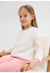 bonprix - Sweter rozpinany ażurowy. Kolor: biały. Wzór: ażurowy